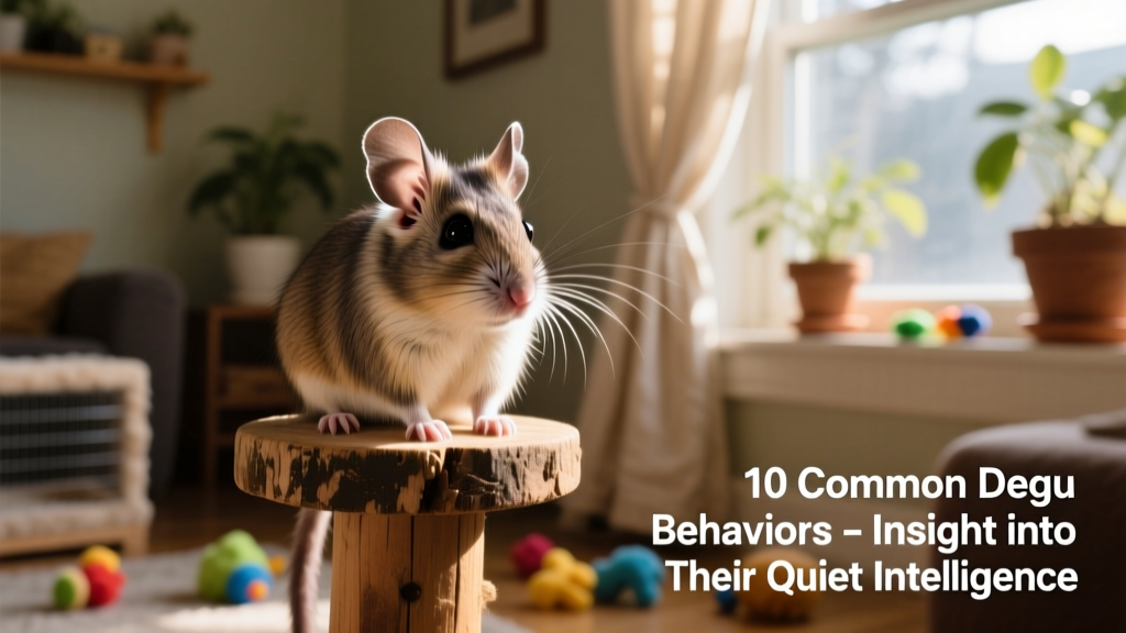 A degu sitting motionless on a perch, alert but still, ears forward and eyes focused