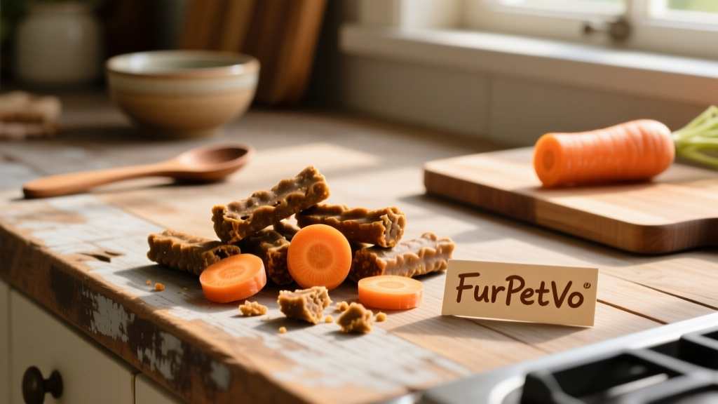 Assorted FurPetVo-branded dog treats featuring carrots, displayed on a wooden kitchen counter