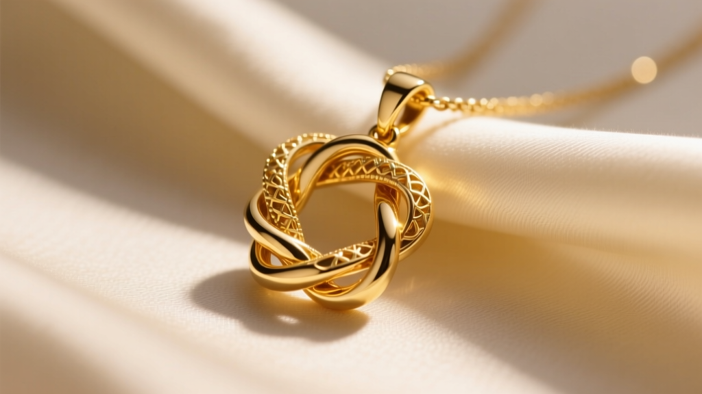 Close-up of a polished 14k yellow gold interlocking knot pendant resting on cream silk fabric, illuminated by warm studio lighting.