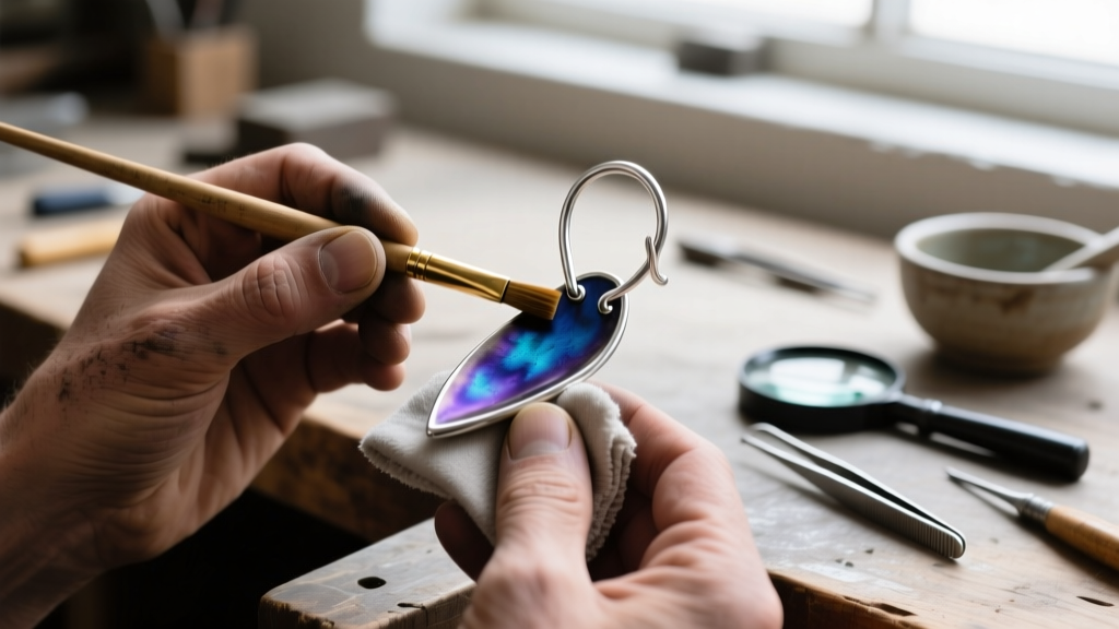 Hands applying liver of sulfur patina to a 20-gauge sterling silver ear wire with a brass brush and polishing cloth in a workshop