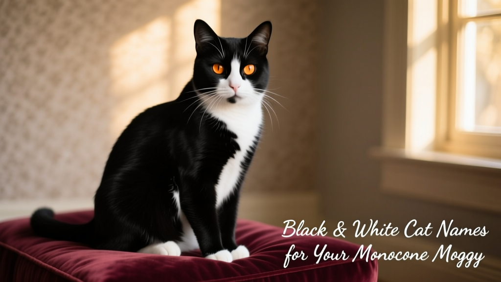 A sleek black and white tuxedo cat sitting elegantly on a velvet cushion