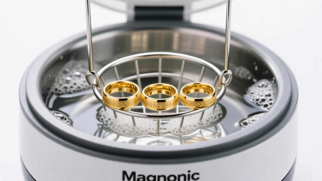 Magnasonic ultrasonic cleaner filled with soapy water, holding 14k gold rings in a steel basket under bright studio lighting.