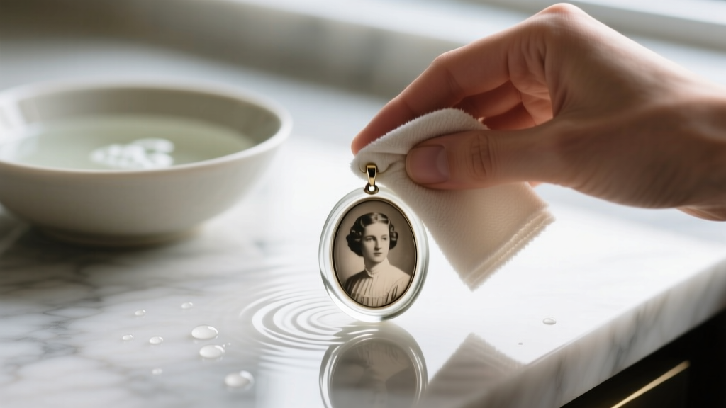 Hands wiping a glass-cabochon picture pendant with a microfiber cloth, with a bowl of mild soapy water in the blurred background