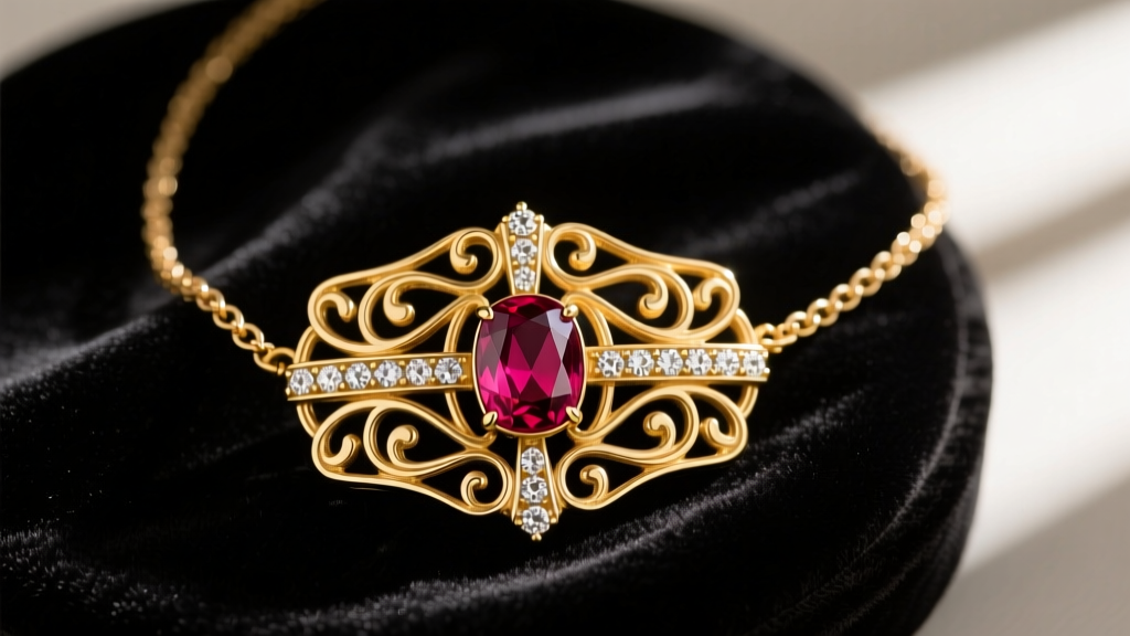 Vintage 1930s Paul Flato 18k yellow gold belt buckle motif necklace with cabochon rubies and pave diamonds resting on dark velvet