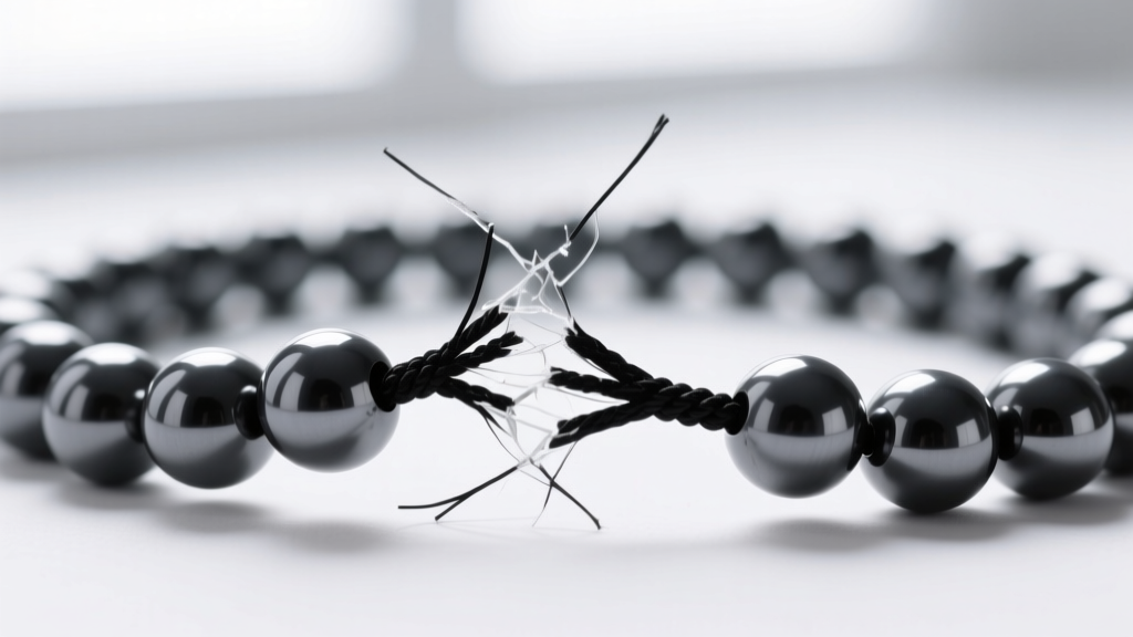 Macro photography of a frayed black elastic jewelry cord snapping under the weight of heavy, dark grey metallic hematite beads.