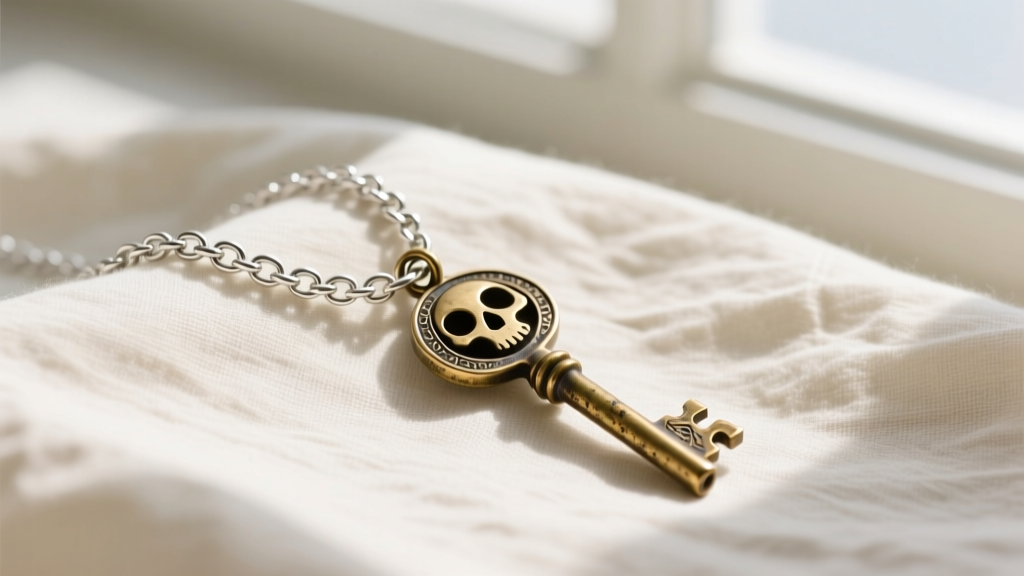 1.5mm 925 silver rolo chain threaded through a vintage skeleton key pendant, resting gently on a soft cream linen fabric backdrop