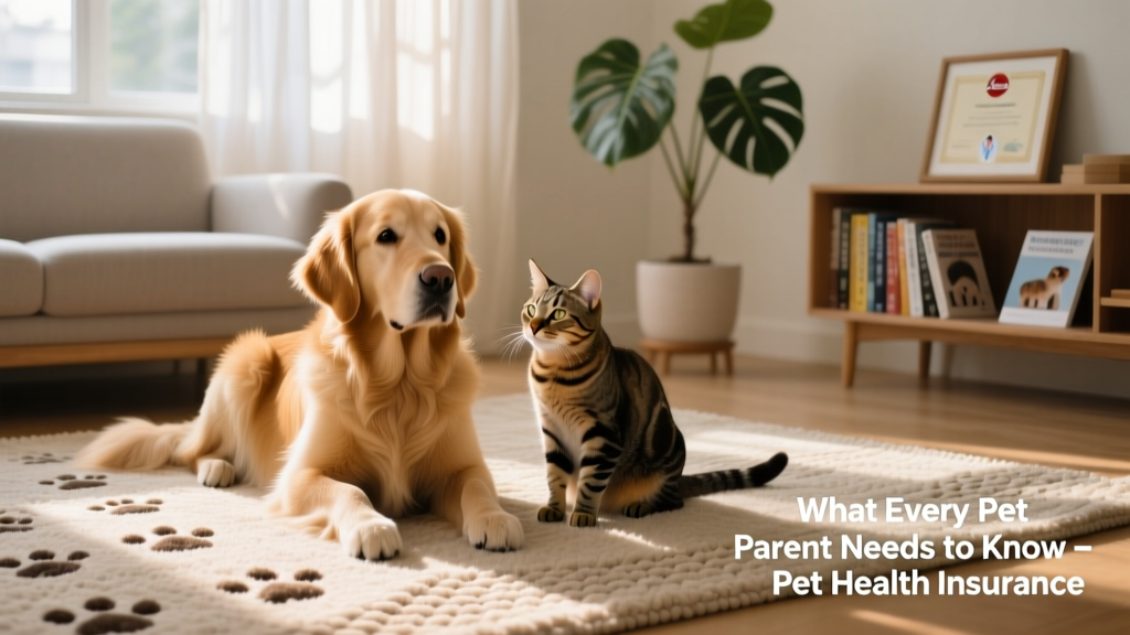 A calm, healthy dog and cat sitting side by side on a sunlit living room rug, symbolizing peace of mind and proactive pet care