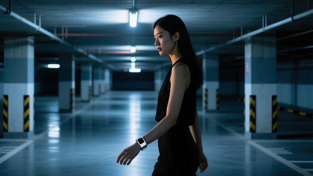 Young woman walking through dimly lit urban parking garage at night, discreetly touching a silver smart safety bracelet on her wrist