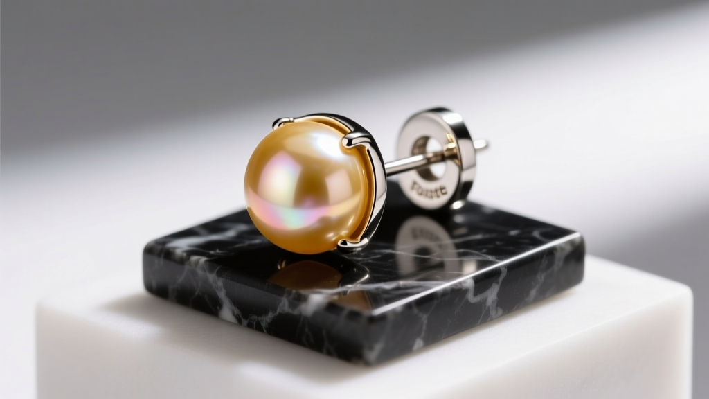 Macro shot of a secure La Pousette earring back holding a heavy 12 mm golden South Sea pearl on a minimalist display stand.