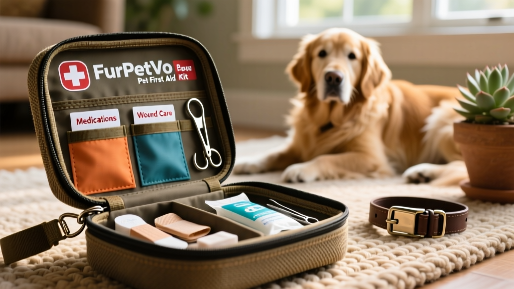 Close-up of the FurPetVo Pet First Aid Kit showing its sturdy Oxford fabric, hook closure, and interior layout with labeled pockets