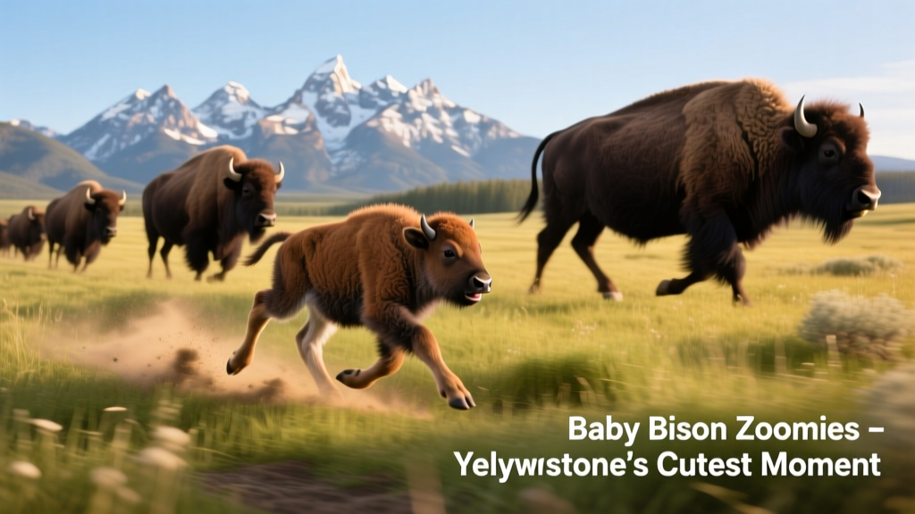 Wide shot of bison herd moving across open meadow in Yellowstone, with mountains in distance
