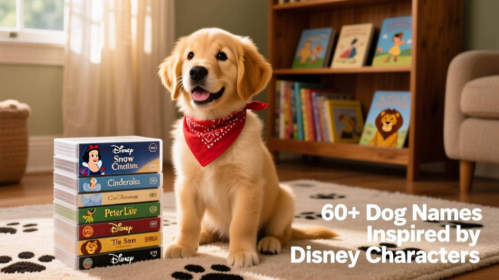 A joyful golden retriever puppy wearing a tiny red bandana, sitting beside a stack of Disney DVDs