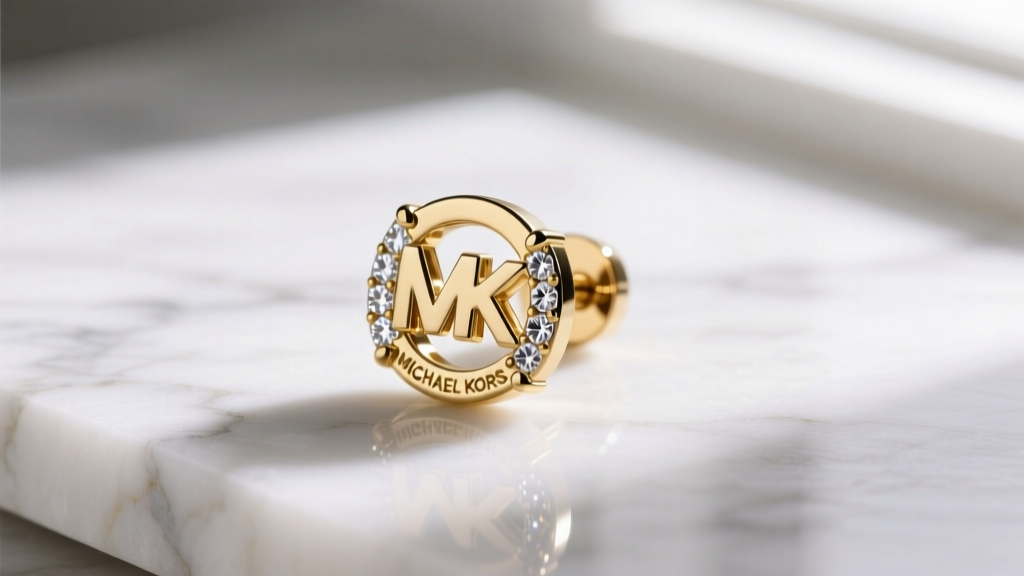 Close-up of a gold-tone Michael Kors logo stud earring on white marble, soft studio lighting highlighting cubic zirconia accents.