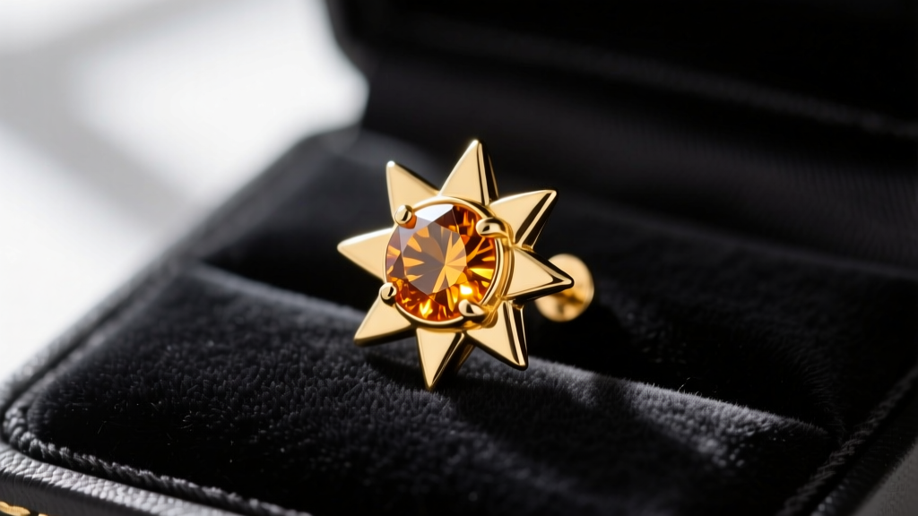 Close-up of a 14k yellow gold sun earring stud with a central round-cut citrine, resting on a dark velvet jewelry display pad.