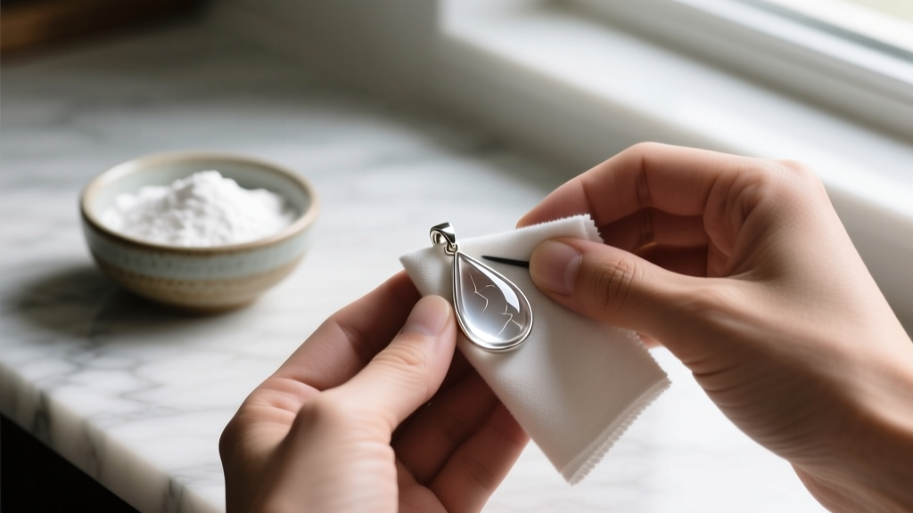Hands polishing a silver droplet pendant with a microfiber cloth, alongside a small bowl of baking soda in the blurred background