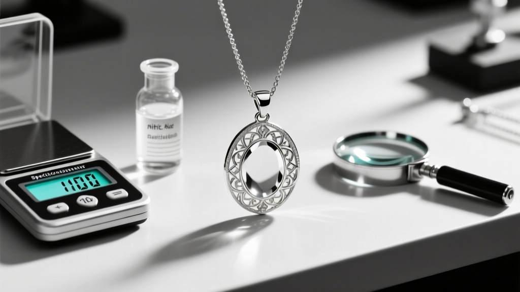 Jeweler workbench showing a digital specific gravity scale, nitric acid test solution, and a 10x loupe beside a silver pendant.