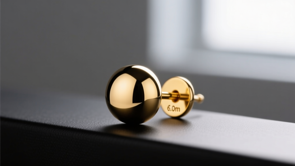 Macro shot of a threadless 6.0 mm round bezel stud earring in 14k yellow gold with a mirror finish under soft studio lighting