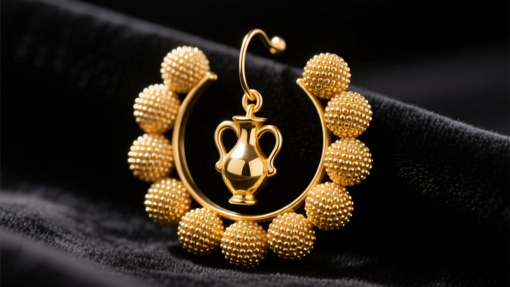 Etruscan gold baule earring with microscopic granulation spheres and a hanging amphora shape resting on a dark velvet backdrop