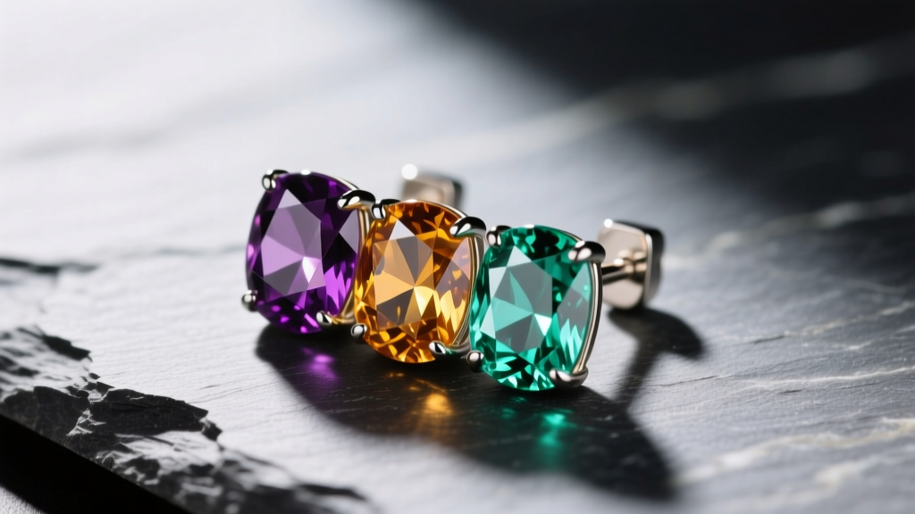 Macro photo of a multi gemstone earring on slate, highlighting facets and prong settings of amethyst, citrine, and peridot gems