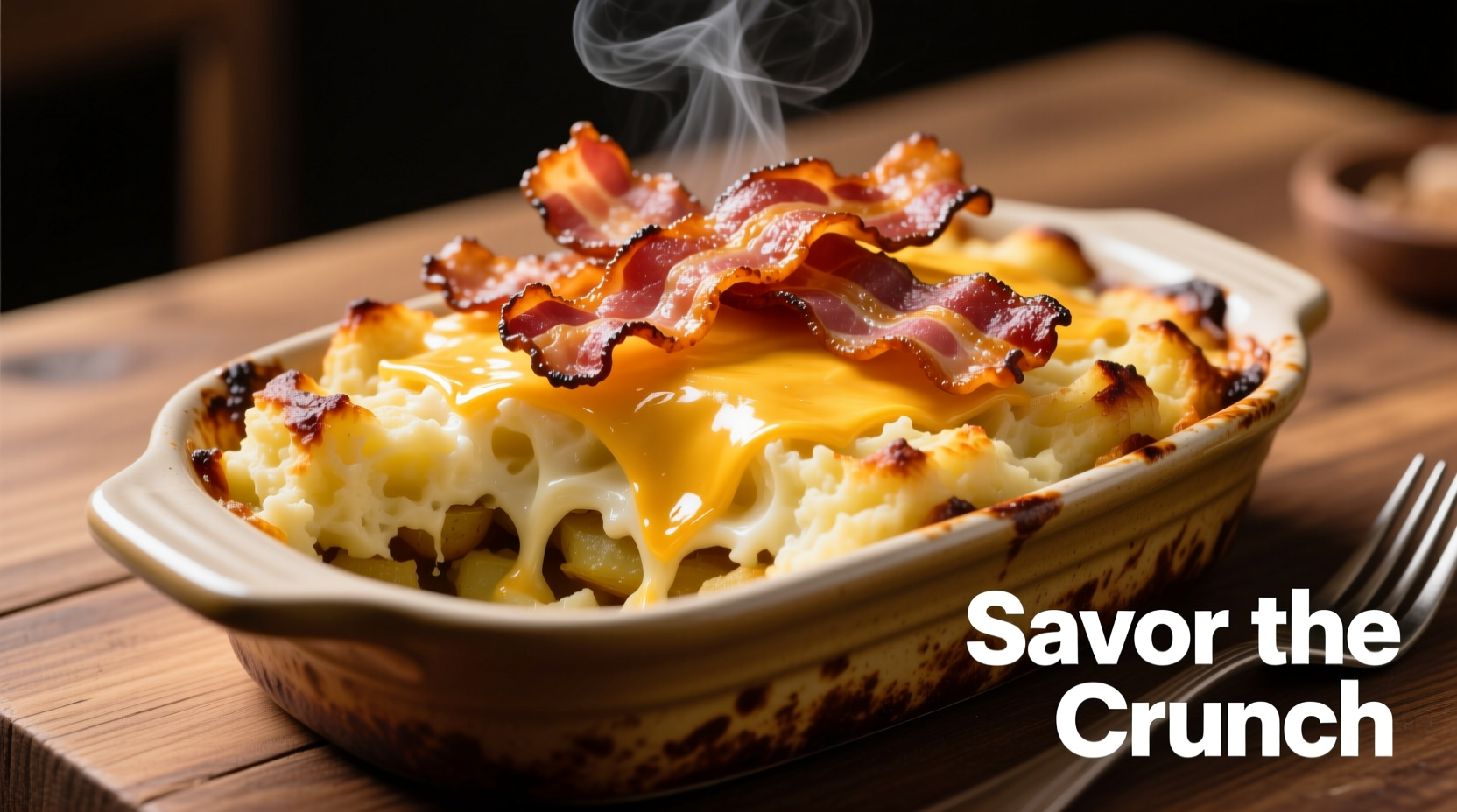 Golden cheese and potato bake with crispy bacon topping