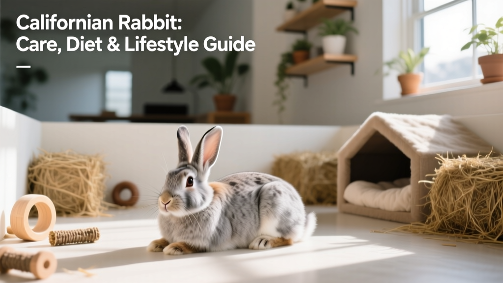 A Californian rabbit resting comfortably inside a clean, well-equipped indoor enclosure with hay, toys, and a hide box