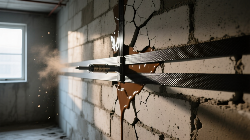 Cracked cinder block foundation wall being repaired with epoxy injection and carbon fiber straps in a damp, dimly lit basement environment