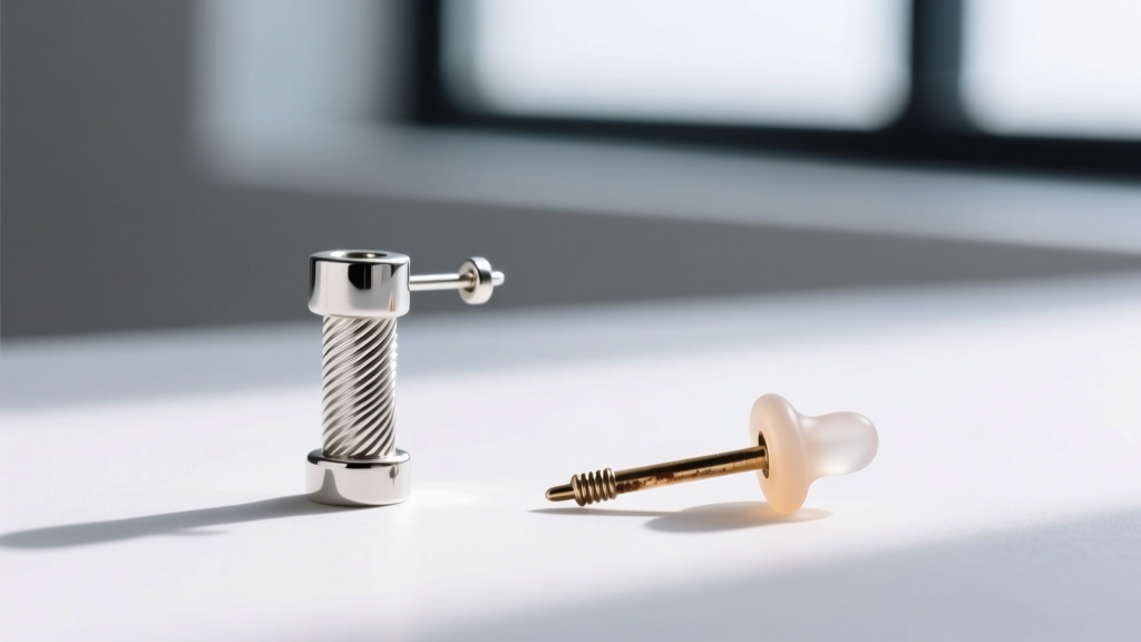 Side profile of a 20-gauge sterling silver earring post with a silicone clutch beside a thin, fragile 22-gauge base metal post