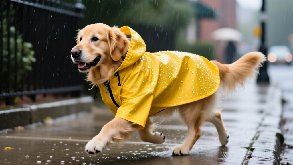 A golden retriever wearing a bright yellow raincoat, trotting confidently on a wet sidewalk with raindrops glistening on the fabric