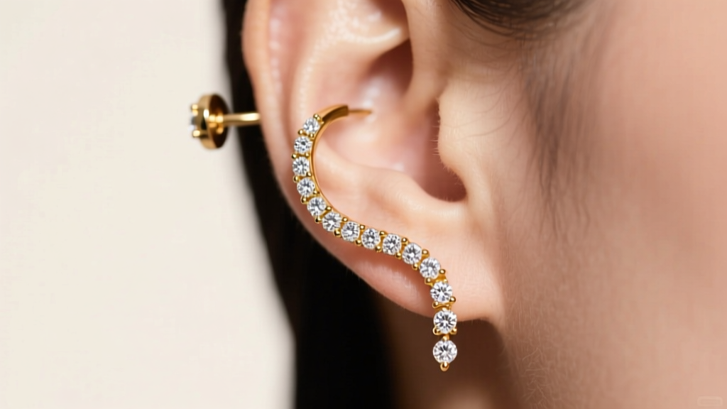 Close-up of a delicate 18k gold ear climber earring with tiny pave diamonds curving up a pierced ear lobe, soft studio lighting.