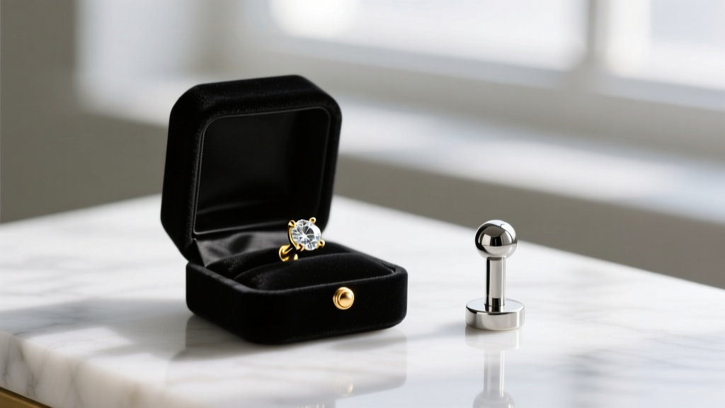 Small velvet box on marble holding a 14k gold diamond nostril stud and a polished titanium septum clicker in soft lighting.
