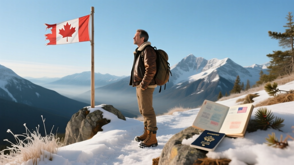 A Canadian flag flying near a snow-capped mountain