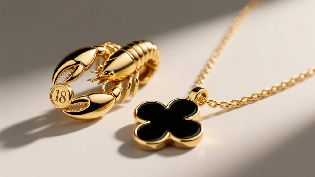 Close-up of an 18k yellow gold lobster clasp and hallmark stamp on a delicate chain attached to a black enamel clover pendant.