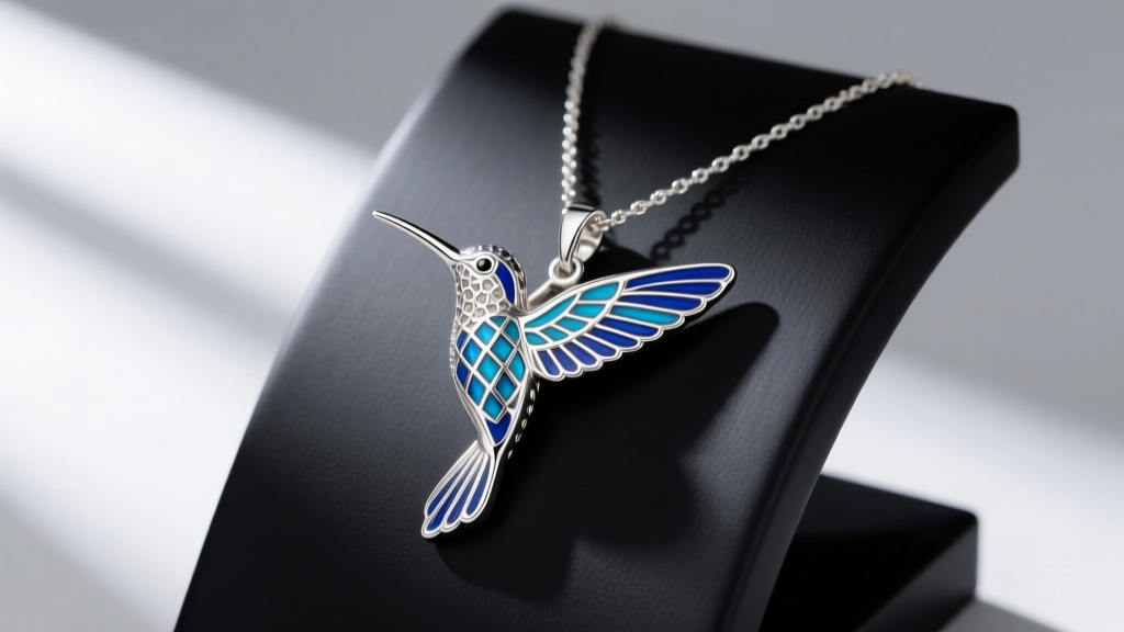 Sterling silver hummingbird pendant with blue guilloché enamel wings, resting on a minimalist matte black jewelry display stand.