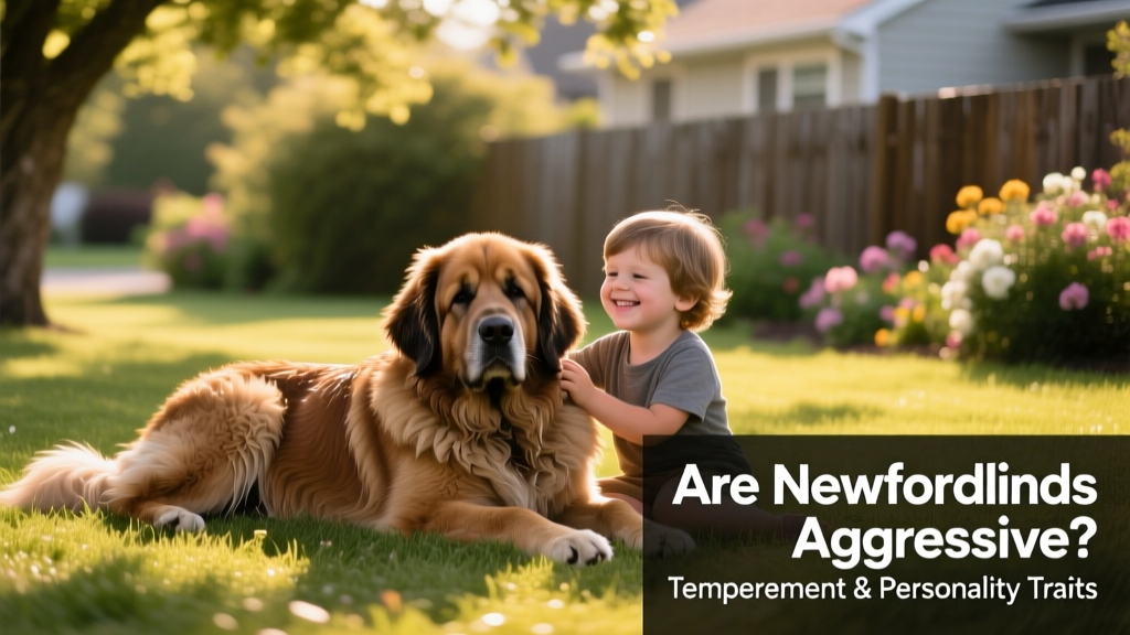 A calm, gentle Newfoundland dog resting beside a young child on a grassy lawn