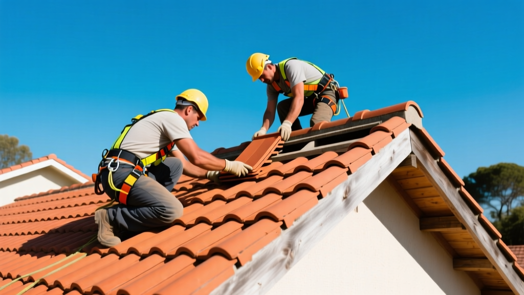 Roofing contractors in safety harnesses carefully aligning terracotta clay roof tile material on a sloped residential roof under clear blue skies