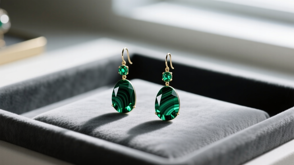 Dark green malachite and emerald drop earrings on a gray velvet jeweler's mat, illuminated by bright directional studio lighting
