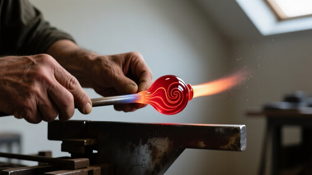 Artisan hands using a torch to melt a vibrant red glass rod onto a steel mandrel, creating a lampwork bead in a dimly lit studio.