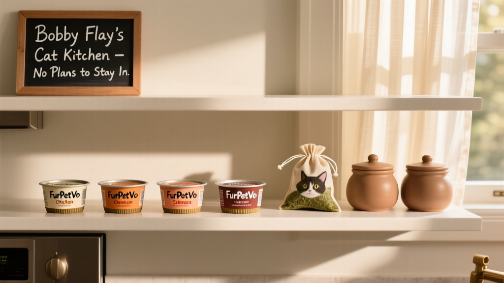 A clean, minimalist shelf display showing FurPetVo wet food cups in chicken, salmon, and beef varieties, alongside catnip pouches and treat jars