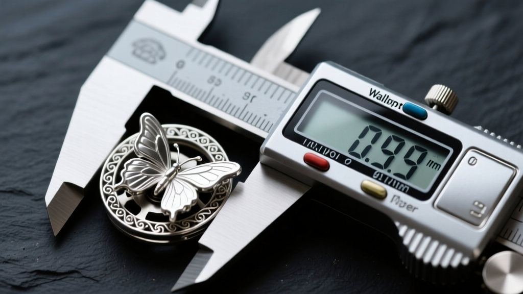 Sterling silver butterfly friction back on digital calipers measuring a 0.9mm scrollwork tension gap against dark slate.