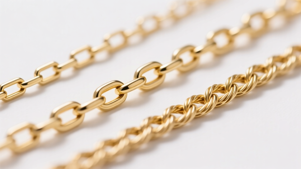 Macro shot of three dainty gold chains side-by-side showing 0.8mm box, 1.0mm rolo, and 1.2mm cable links under bright lighting.