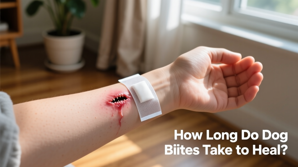 Close-up of a minor dog bite on the forearm, gently cleaned and covered with a sterile bandage