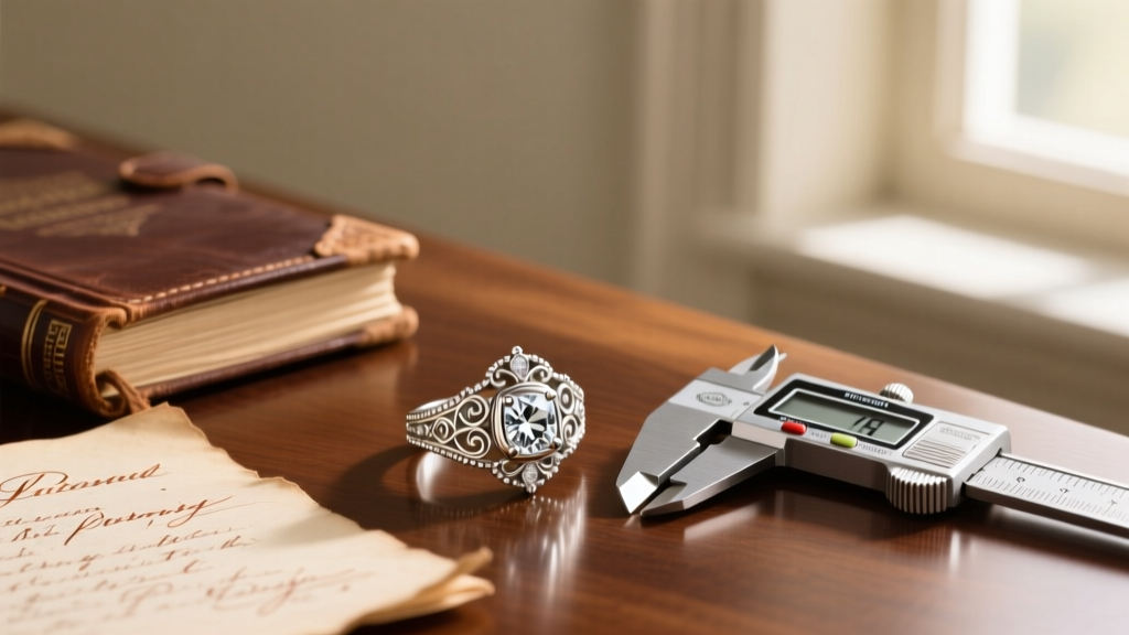 Edwardian platinum filigree ring with European diamond beside digital calipers and handwritten 1920s provenance notes on wood desk