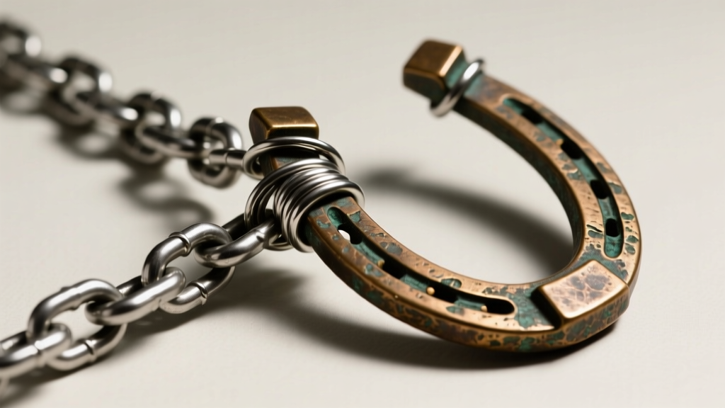 Side view of a 14-gauge steel rolo chain attached to a heavy cast bronze horseshoe nail cross via a tightly wrapped wire bail