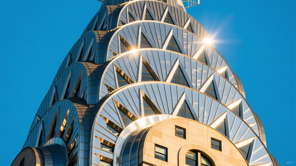 Close-up of polished Nirosta stainless steel terraced arches on the Chrysler Building crown reflecting sunlight against a clear blue sky