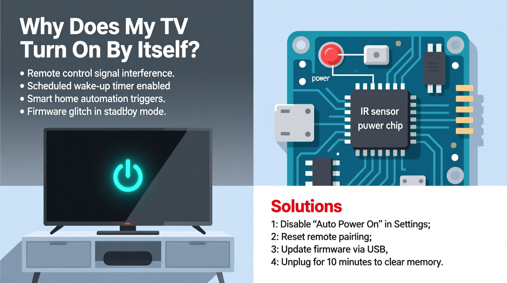 why does my tv turn on by itself and how to disable the glitch permanently