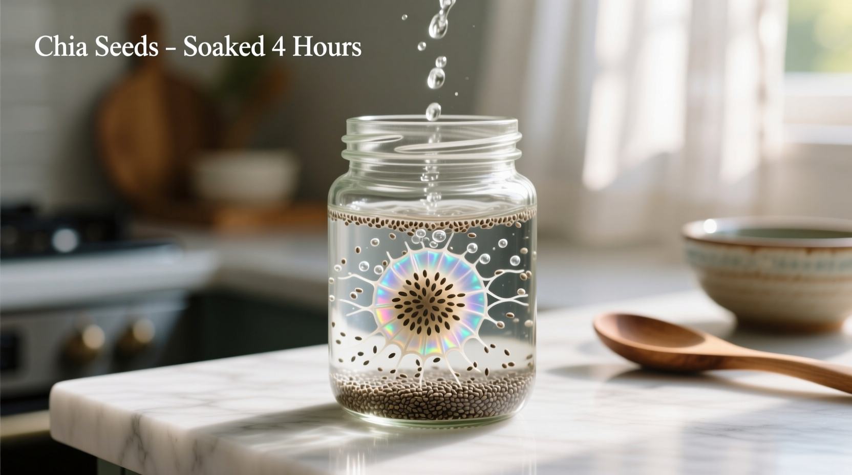 Chia seeds soaked in glass jar with water