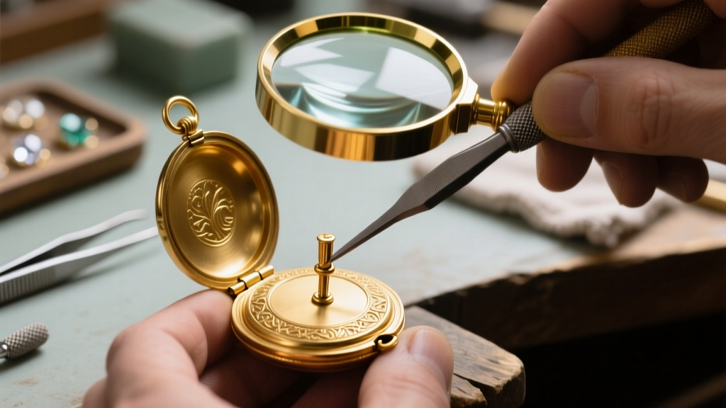 Jeweler using a steel pusher to insert a new brass hinge pin into a 14k vintage gold locket necklace under a magnifying loupe.