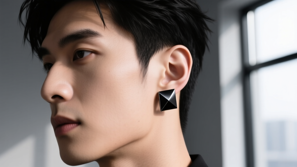 Close-up of a matte black titanium ear cuff on a man