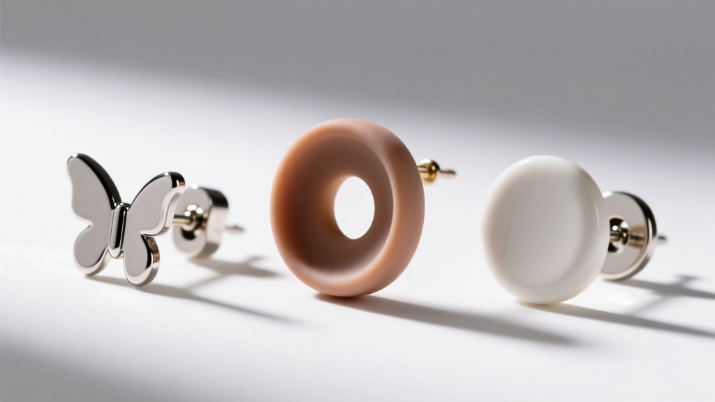 Side profile of three back earring types: a silicone friction back, a standard butterfly clutch, and a flat disc backing.