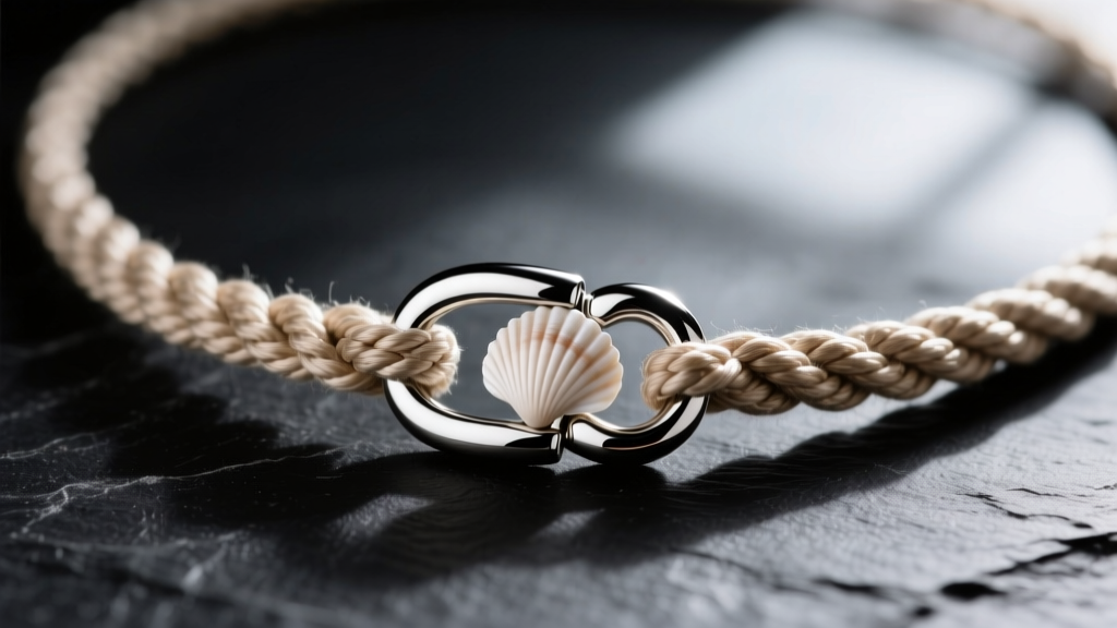 Macro shot of a stainless steel lobster clasp on a knotted nylon cord of a shell necklace against a dark slate background.